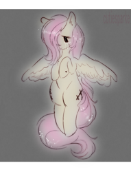 Size: 942x1230 | Tagged: safe, artist:cutiesparke, fluttershy, pegasus, pony, g4, both cutie marks, chest fluff, crying, ear fluff, flying, gray background, hoof heart, lightly watermarked, looking down, messy mane, messy tail, simple background, solo, spread wings, stars, tail, underhoof, unkempt mane, watermark, wings
