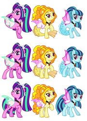 Size: 2245x3118 | Tagged: safe, artist:dazzle, adagio dazzle, aria blaze, sonata dusk, pony, siren, alternate design, curly hair, eyebrows, eyeshadow, jewelry, looking at you, makeup, necklace, pigtails, ponified, ponytail, simple background, the dazzlings, transparent background, transparent wings, trio, wings