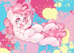 Size: 1955x1414 | Tagged: safe, artist:kurogewapony, pinkie pie, earth pony, pony, g4, blushing, female, looking at you, lying down, mare, on back, paint splatter, smiling, smiling at you, solo, underhoof