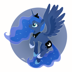 Size: 1400x1400 | Tagged: safe, artist:sion, princess luna, alicorn, pony, g4, female, flying, looking up, mare, signature, simple background, smiling, solo, spread wings, white background, wings