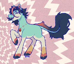 Size: 1287x1119 | Tagged: safe, artist:beyhr, oc, oc only, oc:opto, earth pony, pony, artfight, blank flank, blue coat, blue eyes, blue text, body scar, coat markings, colored belly, colored eyebrows, colored fetlocks, colored hooves, colored legs, earth pony oc, eye markings, eyelashes, facial markings, fangs, fluffy mane, fluffy tail, gem, gift art, gradient tail, gray hooves, gray tail, hooves, light blue coat, long tail, looking down, male, male oc, neck scar, open mouth, open smile, pale belly, patterned background, ponified, ponified oc, raised hoof, scar, shiny mane, signature, smiling, socks (coat markings), solo, stallion oc, standing, standing on three hooves, tail, text, thin tail, turquoise coat, two toned eyes, two toned mane, two toned tail, wall of tags, white belly