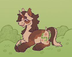 Size: 1300x1038 | Tagged: safe, artist:beyhr, oc, oc only, oc:junebug shine, caterpillar, pony, unicorn, artfight, brown coat, brown eyes, brown hooves, brown mane, brown tail, bush, chin fluff, coat markings, colored ears, colored eyebrows, colored hooves, colored legs, curved horn, ear tufts, eyebrows, eyebrows visible through hair, facial markings, female, female oc, fetlock tuft, gift art, grass, hooves, horn, leg markings, long mane, long tail, looking at something, lying down, mare, mare oc, mismatched ears, open mouth, open smile, outdoors, ponysona, prone, smiling, solo, tail, two toned horn, two toned mane, two toned tail, unicorn horn, unicorn oc, wall of tags