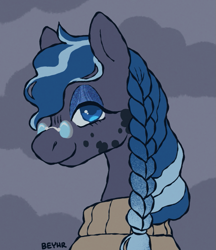 Size: 749x867 | Tagged: safe, artist:beyhr, oc, oc only, oc:stormy tracks, earth pony, pony, artfight, blue eyes, blue eyeshadow, blue mane, braid, bust, clothes, earth pony oc, eyelashes, eyeshadow, female, female oc, fringe, gift art, glasses, gray coat, lidded eyes, long mane, looking at you, makeup, mare, mare oc, not luna, profile, signature, small glasses, smiling, smiling at you, solo, sparkly eyeshadow, sweater, tail, tied mane, turtleneck, turtleneck sweater, two toned background, two toned tail