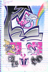 Size: 1500x2250 | Tagged: safe, artist:yl0w, part of a set, pinkie pie, rainbow dash, scootaloo, earth pony, pegasus, pony, comic:rainbow override, fanfic:rainbow factory, g4, ><, comic, curly mane, day, dialogue, duo, duo female, eyelashes, eyes closed, fanfic art, female, floating heart, frown, heart, lesbian, lined paper, looking at something, mare, open mouth, open smile, outdoors, part of a series, pink coat, pink mane, puzzle piece, question mark, rainbow, raised hoof, ship:pinkiedash, shipping, sky, smiling, sparkles, sparkly eyes, speech bubble, sweat, sweatdrop, talking, wingding eyes, yelling