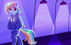Size: 2048x1303 | Tagged: safe, artist:sillyp0ne, rainbow dash, pegasus, pony, semi-anthro, g4, backlighting, backwards cutie mark, big eyes, bill cipher, bipedal, blue hoodie, blue socks, clothes, colored eyelashes, colored pupils, eye clipping through hair, featureless crotch, female, folded wings, frown, gravity falls, hoodie, hooves in pockets, long socks, looking back, mare, night, outdoors, purple eyelashes, purple pupils, shiny mane, shiny tail, signature, socks, solo, streetlight, thigh highs, walking, wings