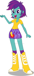 Size: 1024x2316 | Tagged: safe, artist:volodragon, oc, oc only, oc:cheeky bolt, human, equestria girls, g4, boots, clothes, eyebrows, female, freckles, high heel boots, human oc, looking at you, open mouth, open smile, shadow, shirt, shoes, signature, simple background, skirt, smiling, smiling at you, socks, solo, transparent background, watermark
