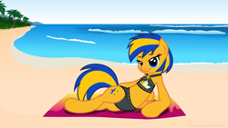 Size: 3840x2160 | Tagged: safe, artist:ejlightning007arts, oc, oc only, oc:flare spark, pegasus, pony, beach, clothes, female, mare, ocean, pegasus oc, solo, sunset shimmer swimsuit, swimsuit, towel, water