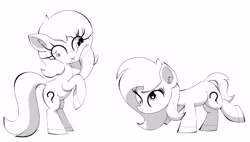 Size: 8309x4733 | Tagged: safe, artist:scandianon, pony, black and white, derp, female, filly, foal, grayscale, hoof on chin, monochrome, rearing, simple background, tongue out, wall eyed, white background