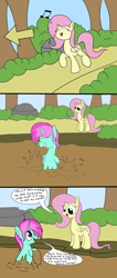Size: 2000x4718 | Tagged: safe, artist:amateur-draw, fluttershy, oc, oc:belle boue, pegasus, pony, unicorn, g4, 3 panel comic, canon x oc, comic, duo, duo male and female, female, forest, horn, male, mare, mud, mud bath, muddy, nature, outdoors, singing, stallion, tree, wet and messy