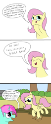Size: 2000x4865 | Tagged: safe, artist:amateur-draw, fluttershy, oc, oc:belle boue, pegasus, pony, unicorn, 3 panel comic, comic, duo, duo male and female, female, forest, horn, male, mare, mud, mud bath, muddy, nature, outdoors, stallion, text, tree, wet and messy