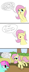 Size: 2000x4865 | Tagged: safe, artist:amateur-draw, fluttershy, oc, oc:belle boue, pegasus, pony, unicorn, g4, 3 panel comic, comic, duo, duo male and female, female, forest, horn, male, mare, mud, mud bath, muddy, nature, outdoors, stallion, text, tree, wet and messy