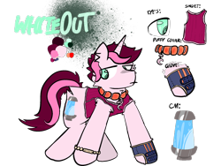 Size: 2160x1620 | Tagged: safe, artist:felixmcfurry, oc, oc only, oc:whiteout, oc:whiteout (felixmcfurry), pony, unicorn, :|, </3, character name, charm, cheek fluff, clothes, collar, cutie mark, digital art, ear fluff, flank fluff, gloves, horn, inflatable collar, male, one glove, pony oc, reference sheet, simple background, singlet, solo, stallion, text, texture, transparent background, unicorn oc, wristband