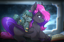 Size: 2640x1716 | Tagged: safe, artist:witchtaunter, oc, oc only, oc:slipspace perigee, oc:star lily, bat pony, pony, bed, book, duo, duo female, female, filly, foal, glowing, glowing mane, glowing tail, lying down, mother, mother and child, mother and daughter, offspring, planet, reading, riding, riding a pony, sleeping, space, spaceship, stars, tail