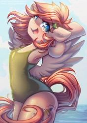 Size: 2896x4096 | Tagged: safe, artist:chaosangeldesu, oc, oc only, pegasus, semi-anthro, arm behind head, bipedal, clothes, commission, female, mare, one-piece swimsuit, open mouth, open smile, smiling, solo, swimsuit, ych result