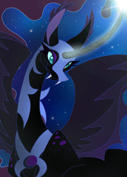 Size: 1628x2264 | Tagged: safe, artist:rendoesstufff, nightmare moon, alicorn, pony, g4, bust, curved horn, ear fluff, fangs, female, glowing, glowing horn, helmet, horn, mare, night, solo, spread wings, wings