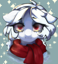 Size: 3578x4000 | Tagged: safe, artist:flutterbutt, oc, oc only, oc:snowflake warm, pony, bust, clothes, light skin, portrait, present, red eyes, scarf, solo