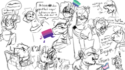 Size: 1920x1080 | Tagged: safe, artist:alex6886, big macintosh, sunburst, earth pony, pony, unicorn, g4, big macintosh's yoke, bisexual pride flag, blushing, book, cape, clothes, coughing, dialogue, duo, duo male, ear piercing, earring, gay, glasses, headcanon, heart, horn, horse collar, jewelry, looking at each other, looking at someone, magic, male, mlm pride flag, monochrome, piercing, pride, pride flag, rambling, reading, sexuality headcanon, ship:macburst, shipping, simple background, sketch, sketch dump, speech bubble, stallion, telekinesis, thought bubble, trans rights, transgender pride flag, white background