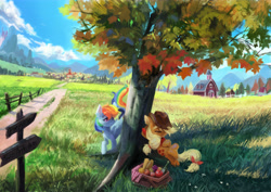 Size: 8338x5906 | Tagged: safe, artist:flvski, applejack, rainbow dash, earth pony, pegasus, pony, g4, absurd resolution, apple, barn, basket, bottle, bread, canterlot, duo, female, fence, field, food, grapes, lesbian, outdoors, picnic basket, ponyville, road, scenery, ship:appledash, shipping, sign, sweet apple acres, tree, under the tree, wine bottle