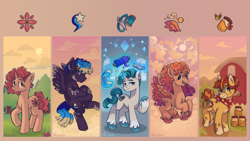 Size: 3840x2160 | Tagged: safe, artist:alex6886, oc, oc only, oc:beauty gaze, oc:cosmic star, oc:cotton bloom, oc:honey drops, oc:sunday breeze, bee, earth pony, insect, pegasus, pony, unicorn, bandana, barn, blue eyes, bracelet, brown eyes, cloud, coat markings, colored wings, crystal, detailed background, female, food, forest, gem, green eyes, honey, horn, jewelry, magic, male, mare, mountain, multicolored hair, multicolored mane, multicolored wings, multiple characters, multiple cutie marks, nature, open mouth, orange coat, orange mane, orchard, pink coat, pink mane, socks (coat markings), spread wings, stallion, telekinesis, tree, unshorn fetlocks, vitiligo, wings, yellow coat