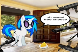 Size: 600x400 | Tagged: safe, artist:epicheavytf2, artist:ikillyou121, artist:pyrogaming, edit, dj pon-3, vinyl scratch, pony, unicorn, g4, absolutenutcase162, cheese, door, female, flamethrower, food, gun, horn, house, imminent death, interior, mare, meme, minigun, plate, rocket launcher, shitposting, smiling, solo, speech bubble, team fortress 2, this will end in death, this will end in tears, this will end in tears and/or death, turret, vinyl's glasses, weapon, wrong aspect ratio