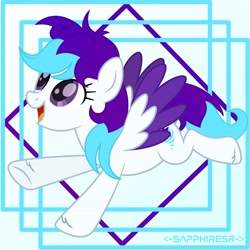 Size: 4195x4195 | Tagged: safe, artist:ramixe dash, oc, oc only, oc:whirlwind stars, pegasus, pony, g4, g5, abstract background, absurd resolution, base used, colored wings, colored wingtips, eyelashes, female, flying, g5 to g4, generation leap, hoof fluff, long mane, open mouth, open smile, pegasus oc, purple eyes, purple wingtips, signature, smiling, solo, spread wings, tail, text, two toned mane, two toned tail, two toned wings, white coat, wings