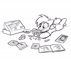 Size: 3000x2500 | Tagged: safe, artist:captainhoers, oc, oc only, oc:concorde, pegasus, pony, black and white, building blocks, foal, grayscale, lego, lying down, model kit, monochrome, offspring, parent:soarin', parent:spitfire, parents:soarinfire, prone, simple background, solo, sploot, tongue out, white background