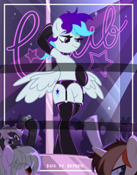 Size: 3267x4195 | Tagged: safe, artist:ramixe dash, oc, oc only, oc:whirlwind stars, pegasus, pony, semi-anthro, g4, g5, base used, clothes, female, g5 to g4, garter belt, generation leap, latex, latex socks, money, signature, socks, spread wings, stripper pole, text, thigh highs, wings