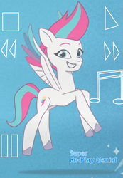 Size: 579x839 | Tagged: safe, edit, zipp storm, pegasus, pony, g5, blue background, colored wings, eyebrows, female, flying, gradient background, grin, looking at you, mare, multicolored wings, note, shadow, smiling, smiling at you, solo, super radio genial, super replay genial, wings