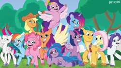 Size: 1716x968 | Tagged: safe, artist:edy_january, artist:prixy05, editor:edy_january, applejack, fluttershy, hitch trailblazer, izzy moonbow, misty brightdawn, pinkie pie, pipp petals, rainbow dash, rarity, sunny starscout, twilight sparkle, zipp storm, alicorn, earth pony, pegasus, pony, unicorn, g4, g5, my little pony: tell your tale, applejack's hat, artificial horn, artificial wings, augmented, bracelet, coat markings, colored wings, cowboy hat, crown, eyeshadow, female, field, folded wings, freckles, friendship bracelet, g4 to g5, generation leap, group, hat, hitch and his 2nd heroine, hitch and his heroine, horn, izzy and her heroine, jewelry, lying down, makeup, male, mane stripe sunny, mare, misty and her 2nd heroine, misty and her heroine, multicolored wings, national park, on back, open mouth, open smile, pipp and her heroine, race swap, raised hoof, rebirth misty, regalia, remake, reunion, reunion friendships, ship:flutterhitch, shipping, smiling, socks (coat markings), spread wings, stallion, straight, sunny and her heroine, sunnycorn, tree, twilight sparkle (alicorn), underhoof, wallpaper, wings, zipp and her heroine