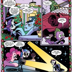 Size: 1996x1986 | Tagged: safe, artist:andy price, idw, dj pon-3, pinkie pie, rarity, spike, vinyl scratch, dragon, earth pony, pony, unicorn, g4, spoiler:comic, spoiler:comicholiday2019, abuse, carpet, hearth's warming tree, horn, spikeabuse, spotlight, throwing, tree, unnamed character, unnamed pony