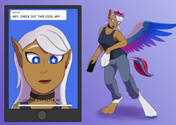 Size: 3508x2480 | Tagged: safe, artist:settop, zipp storm, human, pegasus, pony, g5, my little pony: a new generation, cellphone, colored wings, disappearing clothes, ear piercing, earring, emoji, female, filter, gradient background, grin, high res, human to pony, jewelry, loading, mid-transformation, multicolored wings, necklace, open mouth, phone, piercing, rule 63, selfie, smiling, solo, spread wings, starry eyes, transformation, wingding eyes, wings