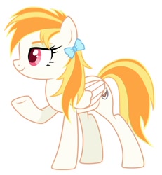 Size: 750x812 | Tagged: safe, oc, oc only, oc:derpy cat, pegasus, pony, bow, female, hair bow, mare, raised hoof, simple background, smiling, solo, underhoof, white background