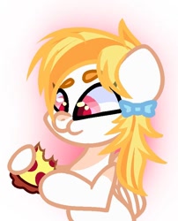 Size: 600x744 | Tagged: safe, oc, oc only, oc:derpy cat, pegasus, pony, bow, eating, female, food, hair bow, mare, meat, pepperoni, pepperoni pizza, pizza, ponies eating meat, solo