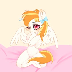 Size: 750x750 | Tagged: safe, oc, oc only, oc:derpy cat, pegasus, pony, belly, belly button, blushing, featureless crotch, female, hair over one eye, heart, heart eyes, kneeling, mare, one eye closed, partially open wings, solo, spread wings, wingding eyes, wings