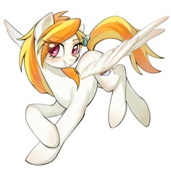 Size: 750x750 | Tagged: safe, oc, oc only, oc:derpy cat, pegasus, pony, bow, eye clipping through hair, eyebrows, eyebrows visible through hair, female, hair bow, mare, simple background, smiling, solo, spread wings, white background, wings