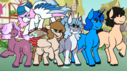 Size: 1280x720 | Tagged: safe, artist:evesartspot124, oc, oc only, oc:"d", oc:jon, oc:miley, oc:pattern quill, oc:rapid song, earth pony, pegasus, pony, unicorn, black mane, blue eyes, blue mane, blue pony, blush lines, blushing, colored wings, cute, earth pony oc, eyebrows, fangs, female, flying, green eyes, group, group photo, group shot, happy, hat, horn, looking at each other, looking at someone, looking at something, male, mare, missing cutie mark, multicolored hair, multicolored mane, multicolored wings, ocs everywhere, open mouth, partially open wings, pegasus oc, pony oc, ponyville, purple eyes, raised hoof, red wings, scar, smiling, spread wings, stallion, standing, tail, teeth, two toned hair, two toned mane, two toned tail, two toned wings, unicorn oc, unshorn fetlocks, wings