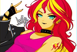 Size: 1259x857 | Tagged: safe, artist:kiyosssa, sunset shimmer, human, equestria girls, g4, alternative cutie mark placement, black lipstick, breasts, cleavage, collar, cutie mark on equestria girl, cutie mark tattoo, devil horn (gesture), female, lipstick, shoulder cutie mark, simple background, solo, spiked collar, tattoo, tomboy, white background, wip