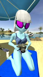 Size: 1080x1920 | Tagged: safe, artist:oatmeal!, photo finish, human, equestria girls, g4, 3d, beach, boat, camera, clothes, flippers (gear), glasses, gmod, kneeling, ocean, one-piece swimsuit, palm tree, reflection, solo, sunglasses, swimsuit, towel, tree, tropical, variant, water