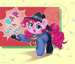 Size: 2100x1784 | Tagged: safe, artist:krista-21, pinkie pie, earth pony, pony, g4, clock, clothes, hat, hoodie, hoof hold, jewelry, looking at you, magnetic hooves, microphone, necklace, open mouth, open smile, rapper pie, signature, smiling, smiling at you, solo