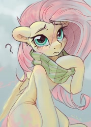 Size: 1500x2100 | Tagged: safe, artist:krista-21, fluttershy, pegasus, pony, g4, blushing, clothes, cute, female, frown, looking at you, mare, question mark, scarf, shyabetes, sitting, solo, striped scarf, wavy mouth
