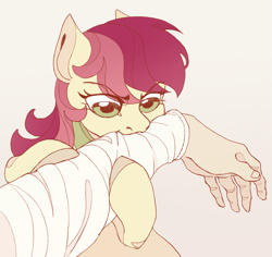 Size: 1893x1788 | Tagged: safe, artist:miss_glowwormis, roseluck, earth pony, human, pony, g4, behaving like a cat, beige background, biting, collar, colored hooves, commission, commissioner:doom9454, cute, eye clipping through hair, eyebrows, eyebrows visible through hair, female, half body, hand, hoof hold, hooves, lacrimal caruncle, mare, offscreen character, offscreen human, pony pet, rosepet, simple background