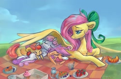 Size: 2560x1678 | Tagged: safe, artist:krista-21, apple bloom, fluttershy, scootaloo, sweetie belle, earth pony, pegasus, pony, unicorn, g4, adorabloom, blank flank, bow, bread, chest fluff, croissant, cuddling, cup, cupcake, cute, cutealoo, cutie mark crusaders, diasweetes, eyes closed, fluttermom, food, hair bow, horn, lidded eyes, lying down, on back, picnic, picnic blanket, prone, ribbon, sandwich, shyabetes, signature, sleeping, smiling, snot bubble, strawberry, tea, teacup, weapons-grade cute, wing shelter, wings