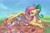 Size: 2560x1678 | Tagged: safe, artist:krista-21, apple bloom, fluttershy, scootaloo, sweetie belle, earth pony, pegasus, pony, unicorn, g4, adorabloom, blank flank, bow, bread, chest fluff, croissant, cuddling, cup, cupcake, cute, cutealoo, cutie mark crusaders, diasweetes, eyes closed, female, fluttermom, foal, food, hair bow, herbivore, horn, lidded eyes, lying down, on back, picnic, picnic blanket, prone, ribbon, sandwich, shyabetes, signature, sleeping, smiling, snot bubble, strawberry, tea, teacup, weapons-grade cute, wing shelter, wings