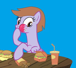 Size: 741x662 | Tagged: safe, artist:brightstar40k, oc, oc only, oc:star glider, pegasus, pony, blue background, burger, drink, eating, food, hay burger, herbivore, ketchup, onion horseshoes, sauce, simple background, solo