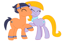 Size: 1865x1253 | Tagged: safe, artist:brightstar40k, oc, oc only, oc:blitz ace, oc:violet star, earth pony, pony, cheek kiss, clothes, couple, duo, duo male and female, female, kissing, love, male, romance, romantic, scarf, simple background, sweatband, white background