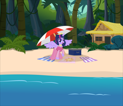 Size: 12611x10949 | Tagged: safe, artist:brightstar40k, twilight sparkle, alicorn, pony, g4, beach, beach towel, forest, jungle, nature, ocean, palm tree, princess aurora, sleeping beauty, solo, tree, twilight sparkle (alicorn), vacation, water