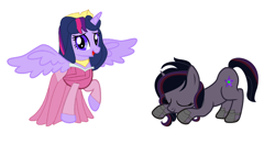 Size: 3877x2025 | Tagged: safe, artist:brightstar40k, twilight sparkle, oc, oc:crystal sparkle, alicorn, pony, unicorn, g4, bowing, duo, duo female, female, horn, mother and child, mother and daughter, princess aurora, simple background, sleeping beauty, twilight sparkle (alicorn), white background