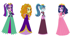 Size: 1320x712 | Tagged: safe, artist:brightstar40k, adagio dazzle, aria blaze, sonata dusk, twilight sparkle, equestria girls, g4, disguise, disguised siren, princess aurora, simple background, sleeping beauty, the dazzlings, white background