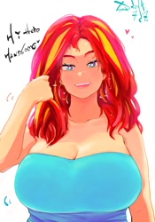 Size: 1400x2000 | Tagged: safe, artist:sozglitch, sunset shimmer, human, g4, bare shoulder portrait, bare shoulders, big breasts, blush lines, blushing, breasts, bust, busty sunset shimmer, cleavage, ear piercing, earring, heart, hooped earrings, huge breasts, humanized, jewelry, lidded eyes, looking at you, piercing, playing with hair, simple background, smiling, smiling at you, solo, sparkles, talking to viewer, white background