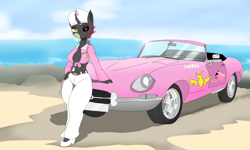 Size: 7906x4754 | Tagged: safe, artist:mairiathus, changeling, anthro, breasts, car, high heels, jaguar e type, ocean, red changeling, shoes, sky, solo, water